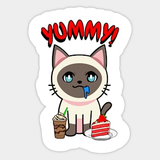 Cute siamese cat is having coffee and cake Sticker